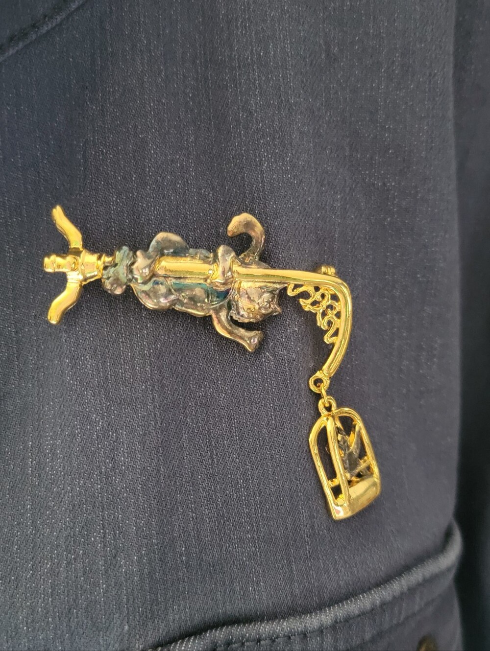 Fashion Jewelry Gold and Gunmetal Cat with Birdcage Charm Brooch